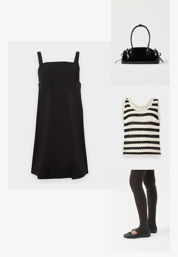 Top sin mangas de punto con franjas horizontales en negro y crema, que presenta un escote redondo y un patrón texturizado.; Vestido negro sin mangas con escote cuadrado, hecho de una tela suave, que presenta un corte suelto y recto. Sin patrones ni herrajes visibles.; Piernas con leggings oscuros acanalados combinados con bailarinas negras que presentan pequeños detalles de lazo sobre un fondo blanco.; Pequeño bolso negro brillante con dos asas largas y detalles de cordón lateral sobre un fondo claro liso.