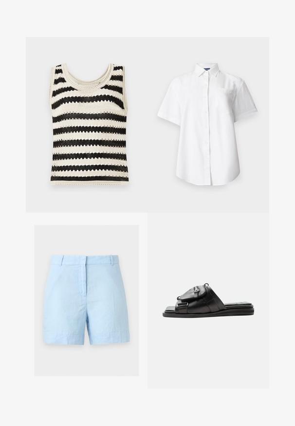 Top sin mangas de punto con franjas horizontales en negro y crema, que presenta un escote redondo y un patrón texturizado.; Camisa blanca de manga corta con botones, cuello y bolsillo en el pecho, presentada sobre un fondo claro y sencillo.; Pantalones cortos azul claro de talle alto con trabillas para cinturón, cremallera frontal y dobladillo confeccionado, mostrados sobre un fondo blanco liso.; Sandalia tipo slide de cuero negro con suela acolchada y detalle de bolsillo con cremallera en la parte delantera de la correa.