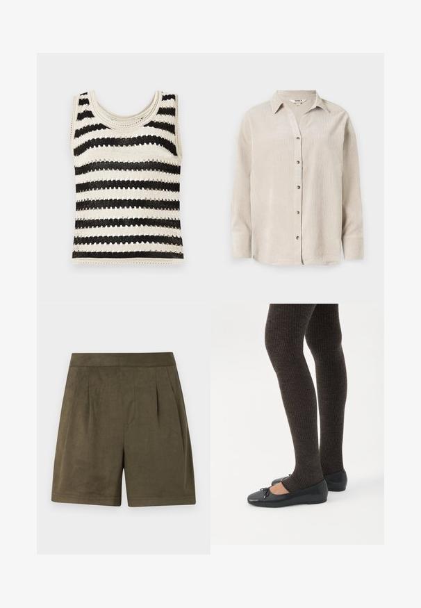 Top sin mangas de punto con franjas horizontales en negro y crema, que presenta un escote redondo y un patrón texturizado.; Camisa de manga larga color beige claro con un botón en el frente, corte relajado y tejido texturizado. Presenta un cuello clásico y botones visibles.; Pantalones cortos de un verde oliva oscuro hechos de un material suave, similar al ante, con un diseño plisado, corte a media longitud y una cinturilla limpia y estructurada.; Piernas con leggings oscuros acanalados combinados con bailarinas negras que presentan pequeños detalles de lazo sobre un fondo blanco.