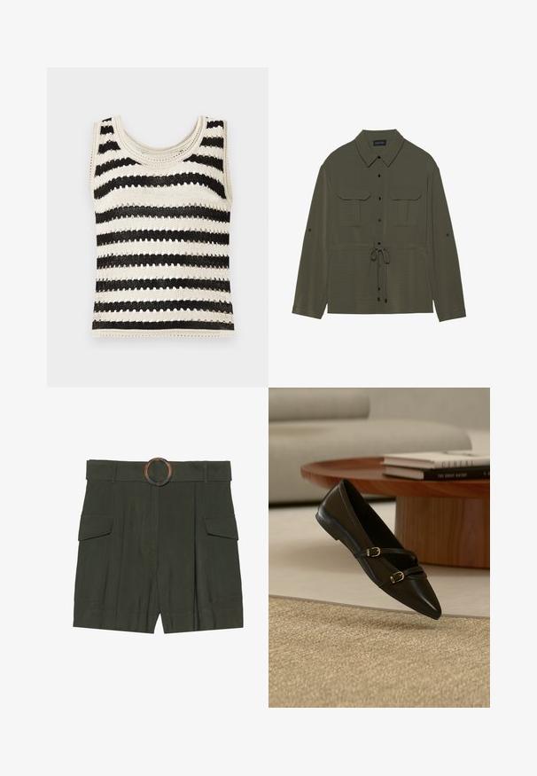Top sans manches en tricot avec des rayures horizontales noir et crème, présentant un col rond et un motif texturé.; Veste chemise olive avec un devant à boutons, deux poches poitrine et une taille à cordon. Elle présente un col classique et des manches longues.; Shorts vert foncé avec une large taille dotée d'une boucle ronde et décorée, deux poches latérales et un design structuré et ajusté.; Chaussure plate noire à bout pointu avec deux fines brides à boucle flottant au-dessus d'un tapis beige, avec une table basse en bois et des livres en arrière-plan.