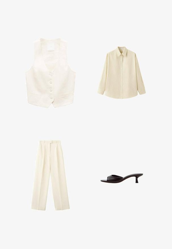 Elfenbensfarvet linnedragt med V-hals, seks knapper og to forlommer. Glat tekstur med en skræddersyet pasform og minimalistisk design.; Beige skjorte med lange ærmer og knapper, med subtile lodrette striber og spidst krave, vist på hvid baggrund.; Kremfarvede bukser med vide ben og tynde lodrette nålestriber, forrest med plisseringer, bæltestropper og sidelommer.; Sort mule sandal med åben tå, lav buet hæl og en glat læderoverdel mod en hvid baggrund.