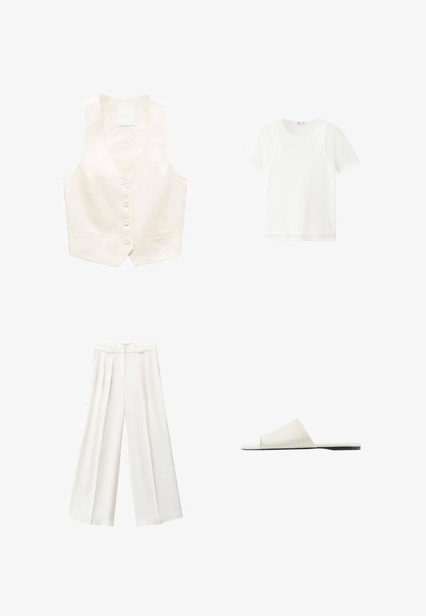 Elfenbensfarvet linnedragt med V-hals, seks knapper og to forlommer. Glat tekstur med en skræddersyet pasform og minimalistisk design.; Hvid kortærmet lag-på-lag t-shirt med rund halsudskæring og let gennemsigtigt stof, vist på en ensfarvet hvid baggrund.; Hvide vide bukser lavet af blødt stof, med frontplisseringer, høj talje, og et rent design uden synlige lommer eller mønstre.; Hvid slidesandal med en bred rem og flad sål, vist i sidevisning på en hvid baggrund.