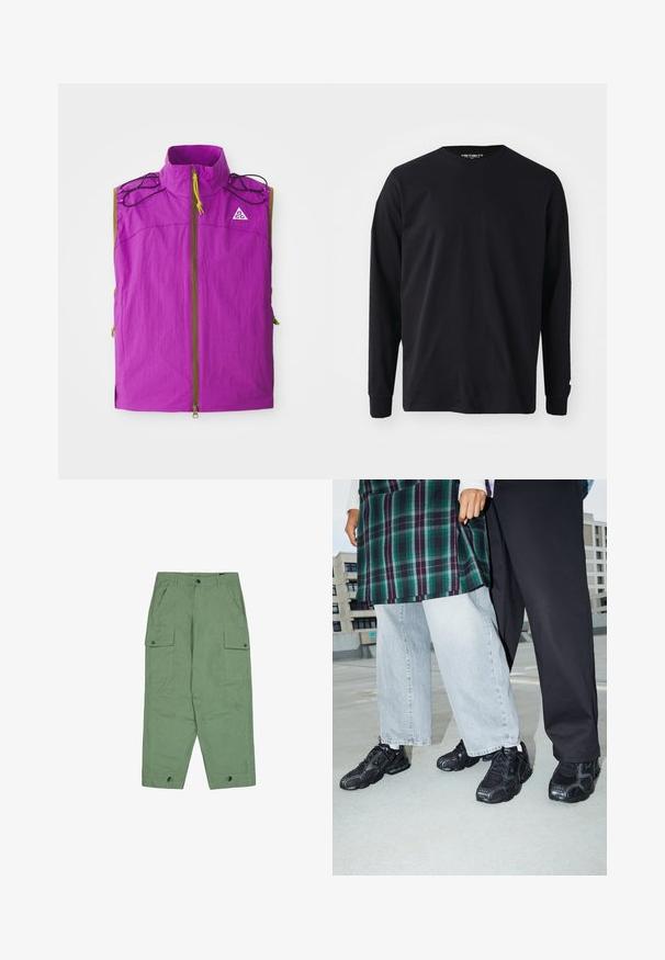 Gilet sans manches violet avec col haut, fermeture éclair à l'avant, détails en cordon noir sur les épaules et petit logo blanc triangulaire sur la poitrine.; T-shirt noir à manches longues en coton, avec un col rond et une coupe droite, présentant un petit logo sur la manche.; Pantalons cargo verts avec une coupe décontractée, deux grandes poches latérales et des poignets de cheville ajustables. Fabriqués en tissu de coton texturé.; Baskets de sport noires avec des accents en mesh et en caoutchouc. Portées avec un jean large gris clair et un haut à carreaux vert. Fond à surface plane.
