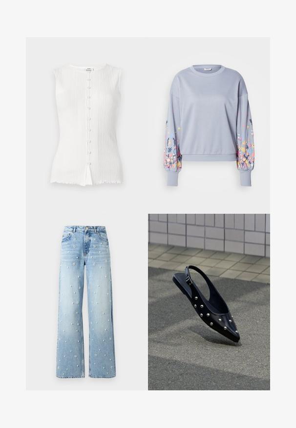 Haut blanc sans manches côtelé avec un col rond et une rangée centrale de petits boutons recouverts de tissu.; Sweat-shirt bleu clair avec broderie florale sur les manches, texture douce, poignets et ourlet côtelés, coupe décontractée, encolure ronde.; Jean large de couleur bleu clair orné de perles et de perles en forme de fleur dispersées sur le tissu, bouton avant et poches visibles.; Chaussure slingback noire à bout pointu avec des clous argentés, flottant au-dessus d'un bitume près d'un mur carrelé en arrière-plan.