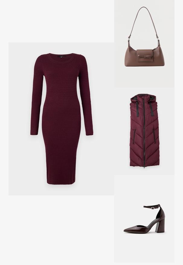 Bordeaux puffer-vest med huva, med ett chevron-quiltrat mönster, främre dragkedjestängning och två sidofickor med dragkedja.; Vero Moda VMSILJE ONECK CABLE - Neulemekko - winetasting; Tummanruskeat nahkaiset kärjestä terävät korkokengät, joissa nilkkahihna ja hopea solki valkoisella taustalla.; Ruskea nahkainen olkalaukku, jossa on etutasku, jossa on ommeltu rusetti, sekä säädettävä hihna.