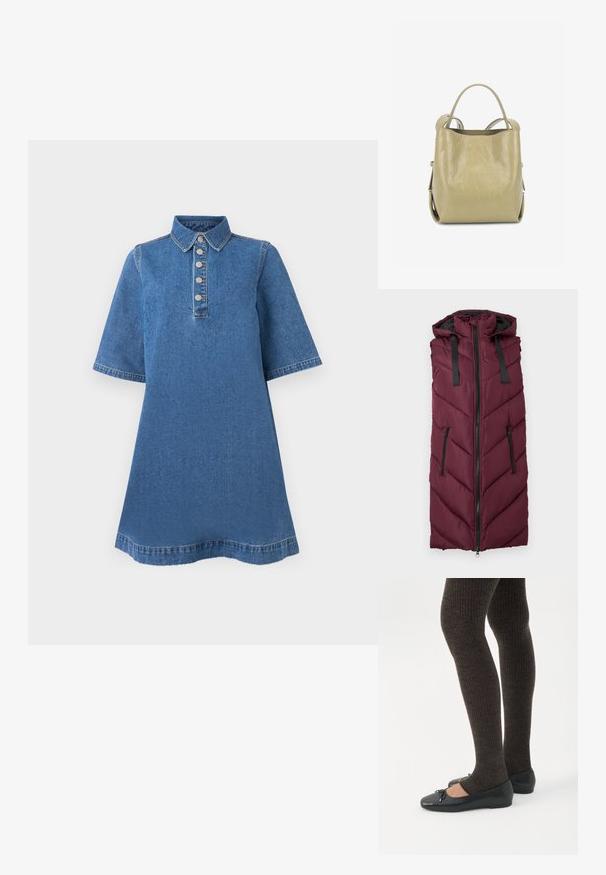 Chaleco acolchado burdeos con capucha, que presenta un patrón de rombos acolchado, cierre frontal con cremallera y dos bolsillos laterales con cremallera.; Vestido de mezclilla con cuello tipo camisa, mangas cortas y cinco botones metálicos en la parte delantera. Tejido azul con una textura suave y un ligero desvanecimiento.; Piernas con leggings oscuros acanalados combinados con bailarinas negras que presentan pequeños detalles de lazo sobre un fondo blanco.; Bolso de cuero verde con textura suave, forma redondeada y dos asas superiores. Presenta un diseño minimalista sin herrajes visibles.