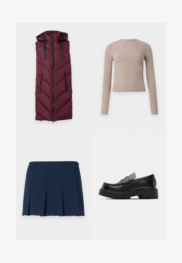 Bordeaux puffer gilet met een capuchon, voorzien van een chevron quiltpatroon, een ritssluiting aan de voorkant en twee zijzakken met rits.; Beige geribbelde langwerpige trui met een ronde halslijn en een getailleerd silhouet, gepresenteerd op een effen witte achtergrond.; Marineblauwe geplooide minirok met een rechte tailleband, gemaakt van een gladde stof. Bevat verticale stiksels langs de plooien.; Zwarte leren instappers met een chunky, gestructureerde zool, voorzien van een band over de voet en een gladde, gepolijste afwerking.