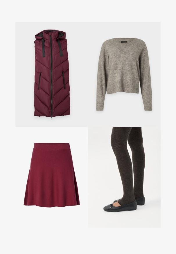 Bordeaux puffer vest med hætte, der har et chevron-quiltet mønster, frontlynlås og to side lynlåslommer.; V-hals, langærmet sweater i lysegrå strikket stof med ribbet kant. Let vægt, let cropped design med afslappet pasform.; Bordeaux knælang nederdel lavet af blødt, strækbart stof; udvidet design med en glat talje og ingen synlige lukninger eller mønstre.; Ben iført mørke ribbede leggings kombineret med sorte balletsko med små sløjfedetaljer på hvid baggrund.