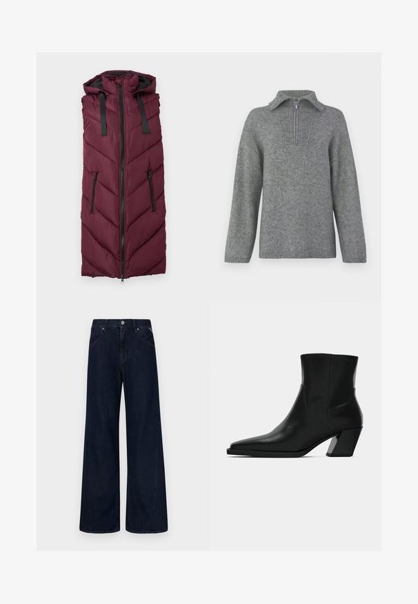Bordeaux puffer vest med hætte, der har et chevron-quiltet mønster, frontlynlås og to side lynlåslommer.; Grå halvlange zip-sweater med en ribbestrikket krave og struktureret strikkemønster. Har lange ærmer og et lige snitdesign for en oversized pasform.; Vidbenede mørk vaskede jeans lavet af denim, med høj talje, fem lommer og orange syninger langs sømmene.; Sortlæder ankelstøvle med spids tå, en slank silhuet og en kraftig firkantet hæl. Glat tekstur med minimale stikninger.