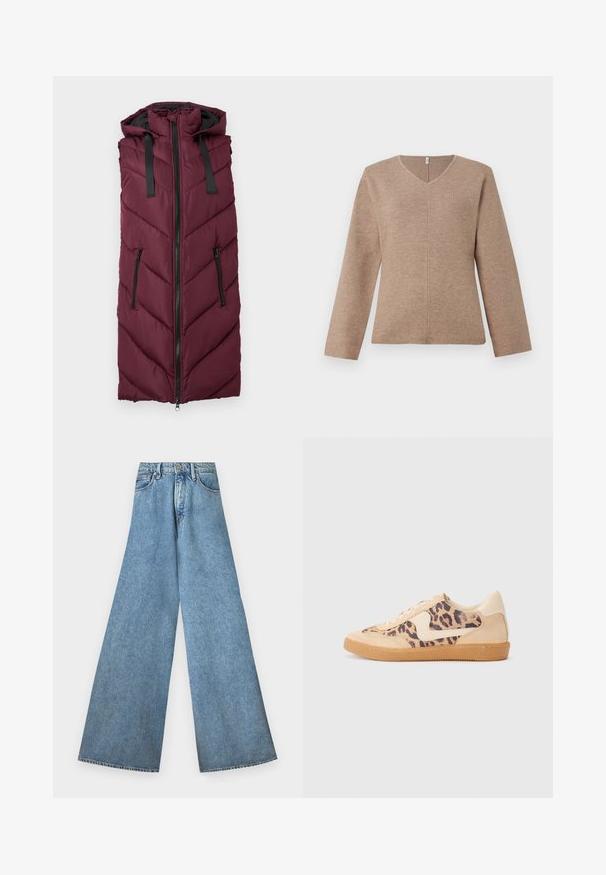 Bordeaux puffer vest med hætte, der har et chevron-quiltet mønster, frontlynlås og to side lynlåslommer.; V-hals striktrøje i lysebrunt strikket stof, med lange ærmer og en central sømdetalje for en afslappet pasform. Glat tekstur, minimalistisk design.; Good American PANELED WIDE LEG - Wide leg - indigo; Leopardprint sneakers med beige ruskindsoverdel, tan gummisål og hvide detaljer. Rund pegefinger og snørebåndsdesign med en tekstureret finish.