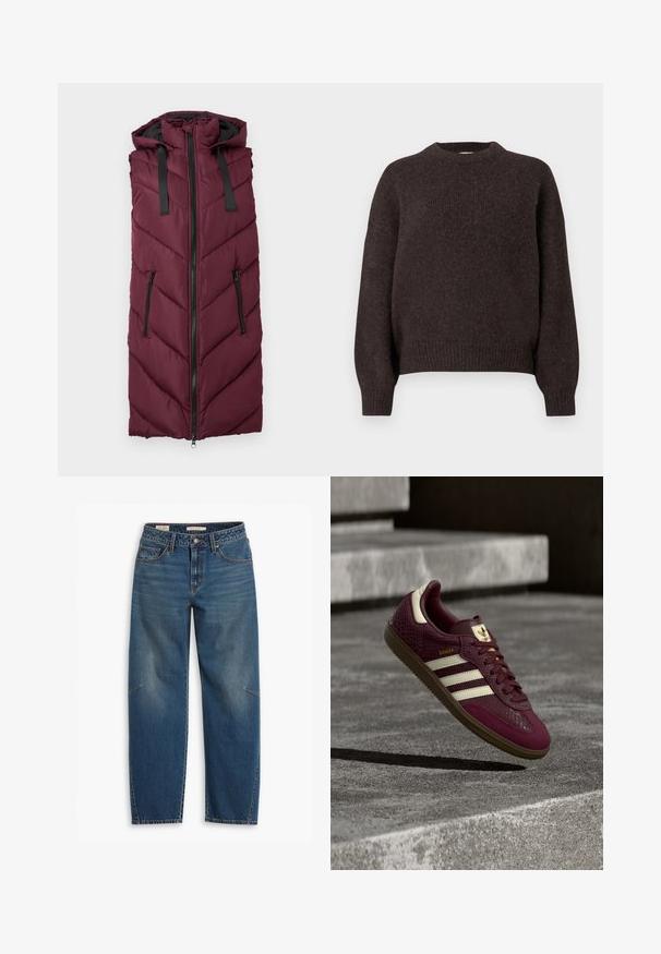 Bordeaux puffer vest med hætte, der har et chevron-quiltet mønster, frontlynlås og to side lynlåslommer.; Mørkebrun langærmet sweater lavet af tekstureret strikstof med rund hals og ribbede manchetter og kant.; Blå denim jeans med en afslappet pasform, der har høj talje, lige ben, synligt syning og en lille detalje på venstre knæ.; Bourgognefarvet sneaker med tekstureret læder, tre hvide striber og gyldne detaljer. Gummisål, klassisk Samba-design og åndbare mesh-detaljer.