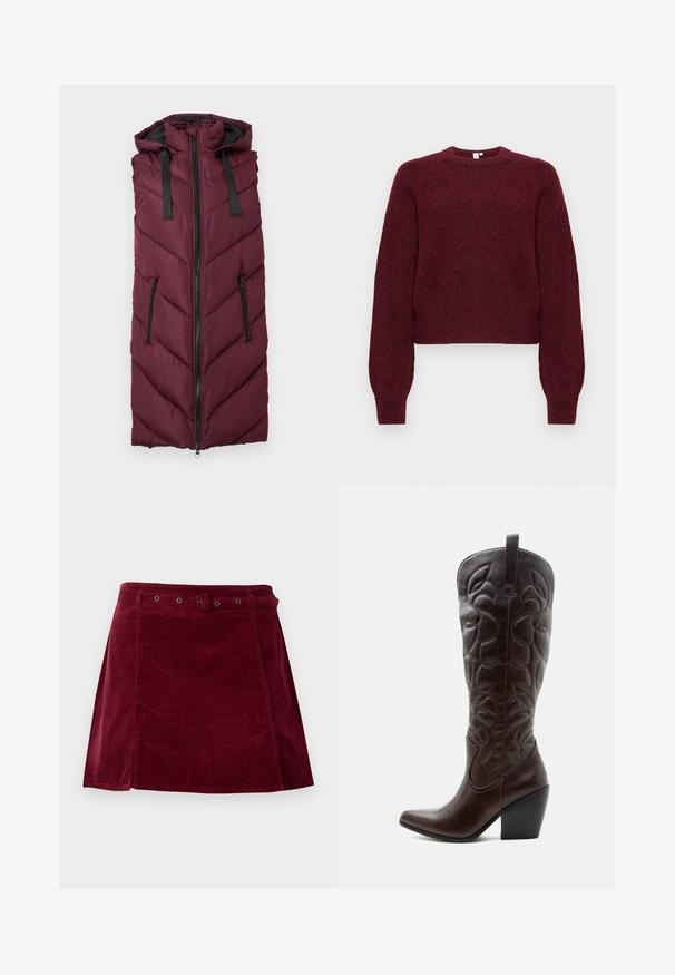 Bordeaux puffer-vest med huva, med ett chevron-quiltrat mönster, främre dragkedjestängning och två sidofickor med dragkedja.; Burgundi villasekoitus pyöreäkauluksinen neulepaita, jossa on pitkät hihat sekä ribbireunat hihansuissa ja helmassa.; Tummanpunainen samettihame, jossa on sopiva vyö ja metallirenkaat, hieman A-linjainen malli ja etupaneelin yksityiskohta.; Korkea tummanruskea nahkainen cowboysaapas, jossa on ommellut koristeelliset kuviot, terävä kärki ja pinoa muistuttava lohkokorko.