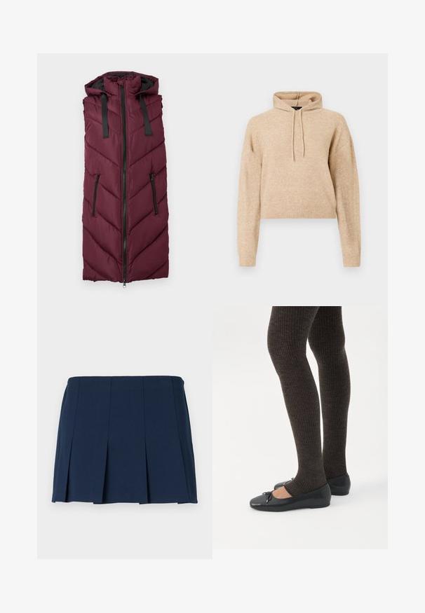 Chaleco acolchado burdeos con capucha, que presenta un patrón de rombos acolchado, cierre frontal con cremallera y dos bolsillos laterales con cremallera.; Sudadera de punto recortada en color beige, con mangas largas y capucha con cordón, presentada sobre un fondo blanco.; Falda mini plisada de color azul marino con una cinturilla recta, hecha de una tela suave. Presenta costuras verticales a lo largo de los pliegues.; Piernas con leggings oscuros acanalados combinados con bailarinas negras que presentan pequeños detalles de lazo sobre un fondo blanco.