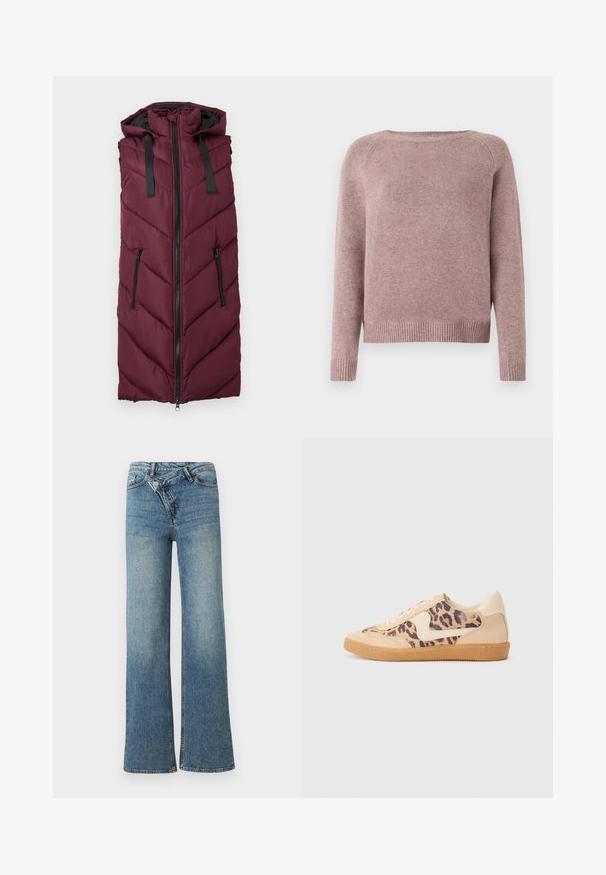 Bordeaux puffer vest med hætte, der har et chevron-quiltet mønster, frontlynlås og to side lynlåslommer.; Lyserødt sweater lavet af blødt stof, med rund halsudskæring, lange ærmer og ribbede detaljer i kanten. Enkel design uden udsmykninger.; Lyseblå denim jeans med vide ben og høj talje, let falmet effekt og knaplukning foran. Har fem lommer og minimal syning.; Leopardprint sneakers med beige ruskindsoverdel, tan gummisål og hvide detaljer. Rund pegefinger og snørebåndsdesign med en tekstureret finish.