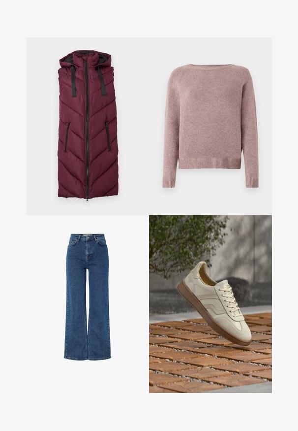 Gilet rembourré bordeaux avec capuche, présentant un motif en chevrons, fermeture éclair sur le devant et deux poches zippées sur les côtés.; Pull rose clair en tissu doux, avec un col rond, des manches longues et des détails de bord-côte. Design simple sans embellissements.; Jean en denim bleu taille haute avec jambes larges, comprenant un design traditionnel à cinq poches, une fermeture à bouton en métal et des coutures contrastées.; Baskets couleur crème avec une semelle extérieure en caoutchouc beige texturée, un design à lacets et un marquage subtil sur le côté. Tige en cuir lisse.
