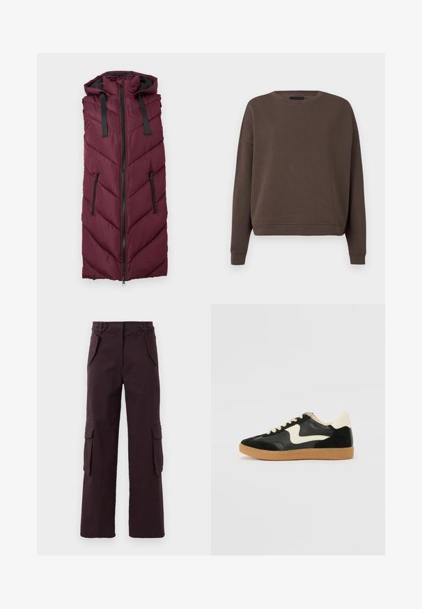 Bordeaux puffer vest med hætte, der har et chevron-quiltet mønster, frontlynlås og to side lynlåslommer.; Brun sweatshirt med rund halsudskæring, lange ærmer og ribbede manchetter. Fremstillet af blødt stof med en glat tekstur og en afslappet pasform.; Mørkeblå lige cargo-bukser med klaplommer på siderne, skrå frontlommer og bæltestropper i taljen.; Sorte ruskinds- og lædersneakers med en cremefarvet side-swoosh og lys cremefarvet hæl. Har beige snørebånd og en gummirubber-sål.