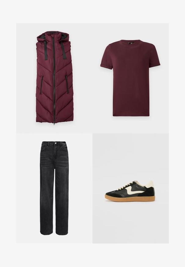 Gilet rembourré bordeaux avec capuche, présentant un motif en chevrons, fermeture éclair sur le devant et deux poches zippées sur les côtés.; T-shirt bordeaux en coton doux, doté d'un col rond, de manches courtes et d'une coupe décontractée avec une texture lisse et sans motifs visibles.; Jean large en denim noir à taille haute, avec cinq poches et fermeture à bouton à l'avant. Texture lisse avec un léger effet délavé.; Baskets en daim et cuir noir avec un swoosh latéral crème et un talon crème clair. Dotées de lacets beige et d'une semelle en caoutchouc gomme.