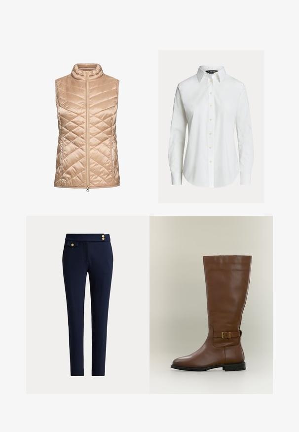 Veste matelassée beige avec col montant, dotée d'une fermeture éclair frontale et d'un motif de piqûres en chevron, fabriquée en matériau léger et brillant.; Chemise blanche à manches longues avec col pointu, boutons sur le devant et ourlet légèrement incurvé.; Pantalon slim bleu marine avec une poche à rabat à l'avant et trois boutons décoratifs dorés à la taille.; Botte haute en cuir marron avec une bride à boucle latérale et une semelle basse noire, photographiée sur un fond neutre.