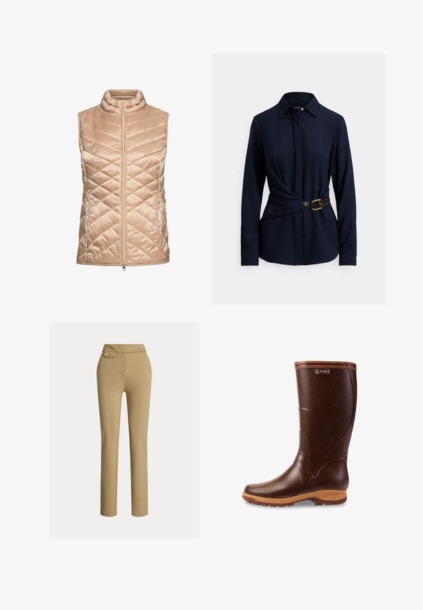 Veste matelassée beige avec col montant, dotée d'une fermeture éclair frontale et d'un motif de piqûres en chevron, fabriquée en matériau léger et brillant.; Chemise à manches longues bleu marine avec col, design torsadé à l'avant, et ceinture noire avec boucle dorée et détails cloutés. Texture de tissu douce.; Pantalons beiges ajustés avec une texture lisse, taille haute, deux boutons décoratifs et une poche arrière. Design à jambe droite.; Botte haute en caoutchouc marron avec surface texturée et semelle couleur fauve, avec le logo Aigle près du bord supérieur.