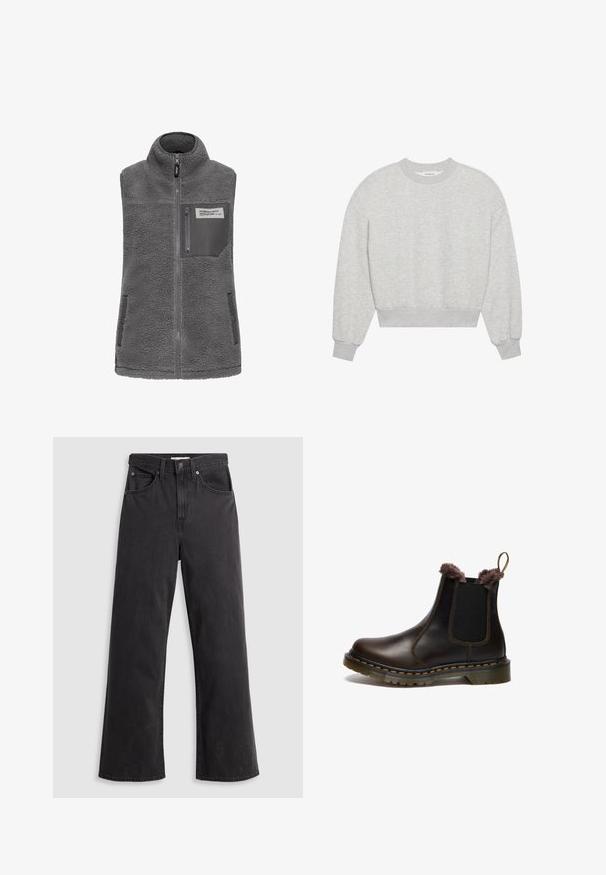 Grijze mouwloze fleece vest met hoge kraag, volledige rits aan de voorkant, ritszak op de borst en twee zijzakken met drukknoop.; Grijze, cropped sweatshirt, ronde halslijn, verlaagde schouders, lange mouwen met ribgebreide manchetten, gemaakt van een zachte katoenmix, minimalistische textuur.; Zwarte denim wijde-spijkerbroek met een hoge taille, vijf zakken en een metalen knoopsluiting. De stof heeft een gladde, licht vervaagde textuur.; Bruine leren Chelsea-boot met elastische zijkanten, nep-bont trim, gele stiksels en een geribbeld rubberen zool.