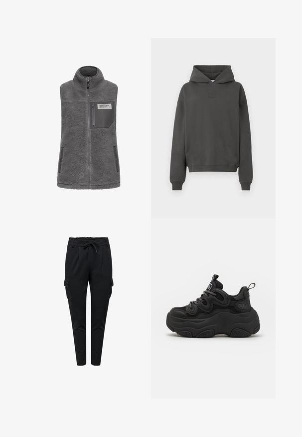 Gilet sans manches en polaire gris avec col haut, fermeture éclair frontale intégrale, poignet zippé sur la poitrine et deux poches latérales à boutons-pression.; Haut à capuche gris foncé en tissu doux, avec un cordon de serrage, des poignets côtelés et un logo discret imprimé sur le devant.; Pantalons cargo noirs avec une taille élastique, fermeture à cordon et poches latérales. Fabriqués à partir d'un tissu doux et lisse avec une coupe ajustée.; Baskets noires au design chunky, avec une tige texturée, des panneaux en maille et une semelle en caoutchouc épaisse. Lacets réfléchissants et détails de marque visibles.