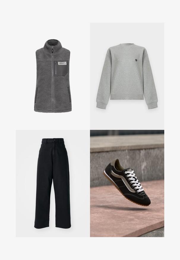 Grå æ sleeveless fleece vest med høj krave, fuld frontlynlås, lynlås brystlomme og to sidelommer med trykknapper.; Lysegrå sweatshirt med rund hals og lange ærmer, med ribbede manchetter og kant, med et lille sort hjerteformet logo på venstre bryst.; Sorte højtaljede vid ben jeans med frontlommer og knaplukning, præsenteret mod en plain hvid baggrund.; Sort og beige sneaker med hvide snørebånd og gummisål, svævende over en stensurface og grå betonbaggrund.