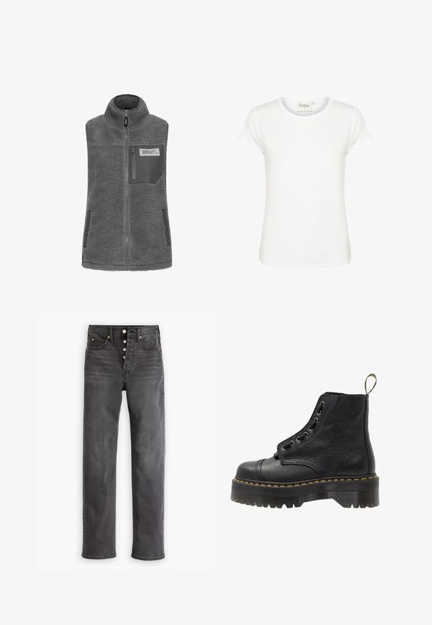 Gilet sans manches en polaire gris avec col haut, fermeture éclair frontale intégrale, poignet zippé sur la poitrine et deux poches latérales à boutons-pression.; T-shirt blanc à manches courtes avec un col rond, fabriqué en tissu en coton doux. Présente une texture lisse et un design minimaliste.; Jean en denim gris à taille haute, jambes droites, cinq poches, et fermeture à boutons. Présente une couture en cuivre et un léger effet délavé.; Bottines en cuir noir avec surface texturée, bout arrondi, lacets, coutures jaunes et une épaisse semelle noire crantée.
