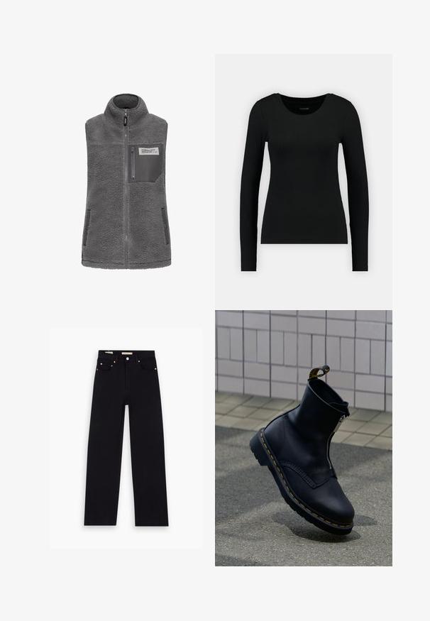 Grijze mouwloze fleece vest met hoge kraag, volledige rits aan de voorkant, ritszak op de borst en twee zijzakken met drukknoop.; Zwarte longsleeve shirt van ribstof. Heeft een ronde halslijn en een getailleerde pasvorm. Eenvoudig ontwerp zonder patronen of accenten.; Zwarte denim jeans met een recht model, vijf zakken, koperen hardware en een gladde textuur. Twee labels zichtbaar op de tailleband.; Zwarte leren enkellaars met een ritssluiting aan de zijkant, een gestructureerd oppervlak, geel stikselaccent en een rubberen zool.