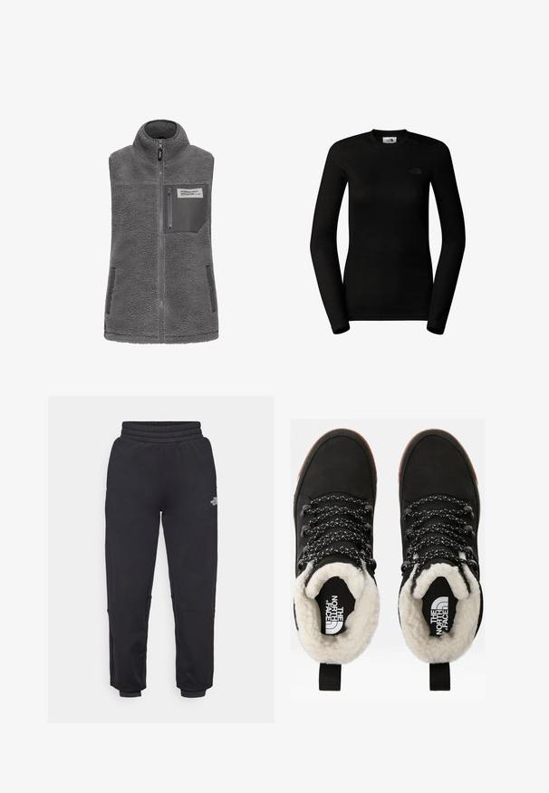 Grå æ sleeveless fleece vest med høj krave, fuld frontlynlås, lynlås brystlomme og to sidelommer med trykknapper.; The North Face W EASY L/S CREW NECK - Langærmet T-shirt - tnf black; The North Face W MOUNTAIN ATHLETICS - Træningsbukser - black; Sorte vandtætte ankelstøvler med for af faux pels, tekstureret stof, snørebånd med hvidt og sort mønster samt en løkker ved hælen.