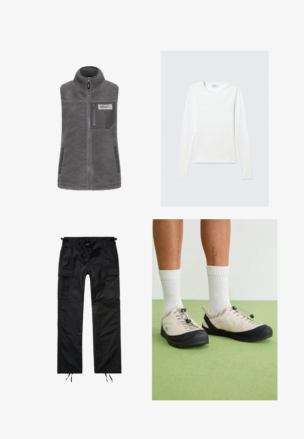 Grå æ sleeveless fleece vest med høj krave, fuld frontlynlås, lynlås brystlomme og to sidelommer med trykknapper.; Langærmet, enkel hvid T-shirt med rund halsudskæring og tætsiddende pasform, vist mod en lysegrå baggrund.; Sorte cargo bukser lavet af slidstærkt stof, med flere lommer, en knappet lynlås og justerbare ankelbånd.; Beige sko med sorte accenter, mesh sidedele og et sikkert snørebånd. Tykk gummisål med mønstret slidbane. Båret med hvide sokker.