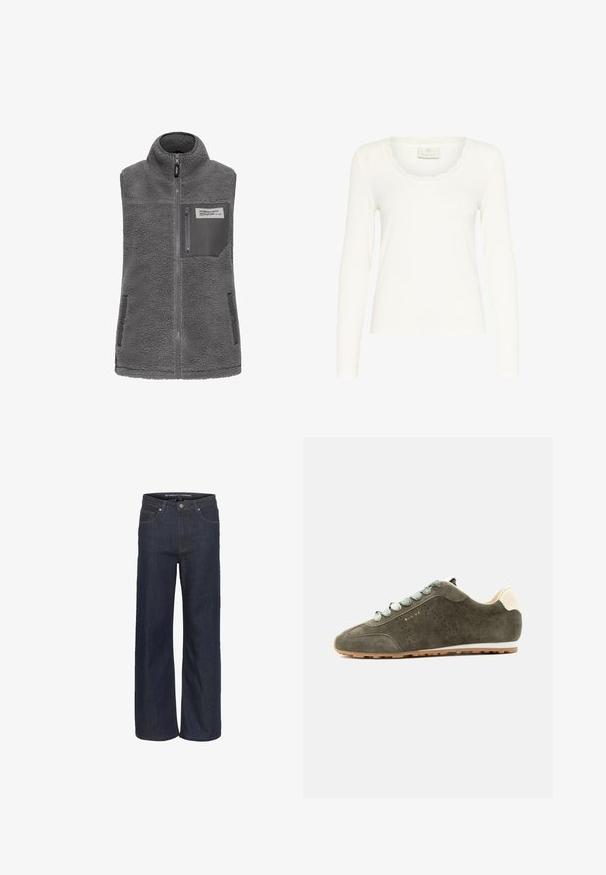 Grå æ sleeveless fleece vest med høj krave, fuld frontlynlås, lynlås brystlomme og to sidelommer med trykknapper.; Langærmet hvid top lavet af ribbet stof, med en bølget halsudskæring og tætsiddende design. Etiketten siger "KAFFE." Glat tekstur.; Mørk denim brede bukser med høj talje, som har fem lommer, kontrastsyning og en rå kant nederst.; Grøn ruskindsneakers med hvid hælfane, grønne snørebånd, perforerede sidedetaljer og ydersål i gummigummi, vist i sideprofil.