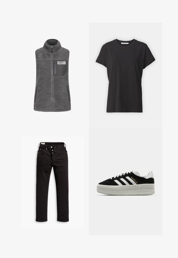 Grå æ sleeveless fleece vest med høj krave, fuld frontlynlås, lynlås brystlomme og to sidelommer med trykknapper.; Sort bomulds t-shirt med klassisk rund hals, korte ærmer og afslappet pasform. Glat tekstur, ingen synlige mønstre eller detaljer.; Sorte lige jeans med knaplukning, front- og baglommer samt kobbernitte detaljer på en hvid baggrund.; Sort ruskind sneaker med hvide læderdetaljer, tre hvide striber, flade snørebånd og en tyk grå platformsål. Guldfarvet "Gazelle" branding.