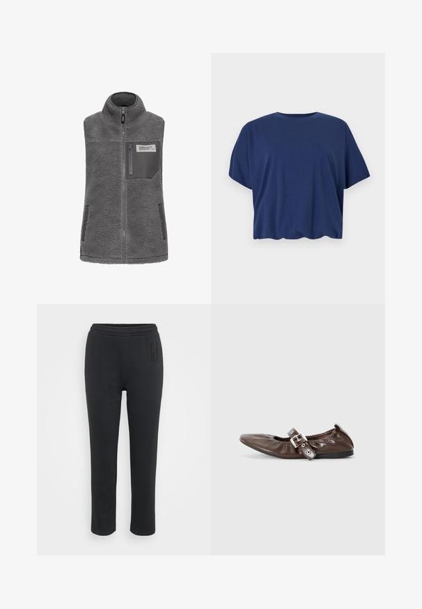 Grå æ sleeveless fleece vest med høj krave, fuld frontlynlås, lynlås brystlomme og to sidelommer med trykknapper.; Marineblå, kortærmet, løstsiddende crop-top med rund halsudskæring på en ensfarvet lys baggrund.; Sorte træningsbukser med elastisk talje, tapered pasform og diskret logo-detail på venstre ben. Fremstillet af blødt og glat materiale.; Brun lakeret flad sko med spids tå, elastisk sløjfedetalje og en sølvspændeaccent på siden. Sort gummisål.