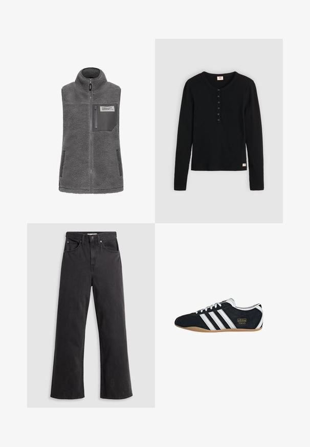 Grå æ sleeveless fleece vest med høj krave, fuld frontlynlås, lynlås brystlomme og to sidelommer med trykknapper.; Sort langærmet top lavet af ribbet stof med rund halsudskæring og fem knapper foran. Lille mærke ved kanten.; Sorte denim bukser med vid ben og høj talje, fem lommer og metalknaplukning. Stoffet har en glat, let falmet tekstur.; Sort ruskinds sneaker med hvide tre striber, guldlogo og en brun gummisål. Har et lavprofil snørebåndsdesign.