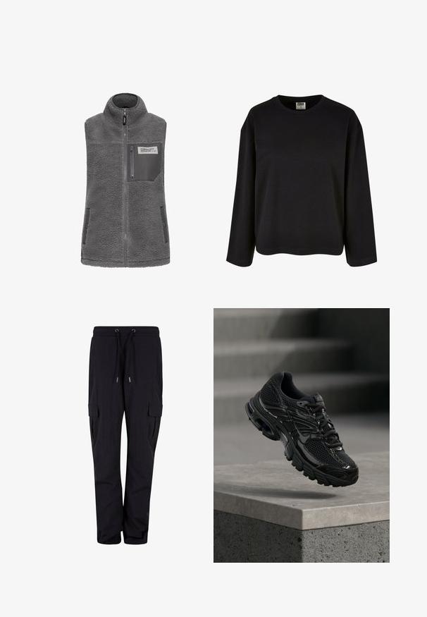 Grå æ sleeveless fleece vest med høj krave, fuld frontlynlås, lynlås brystlomme og to sidelommer med trykknapper.; Sort langærmet t-shirt lavet af blødt stof, med rund hals, afslappet pasform og let buet kant for komfort og bevægelsesfrihed.; Sorte cargo bukser lavet af blødt stof, med en elastisk talje og snore, samt sidelommer. Lige ben-design.; Sort Nike løbesko med mesh og syntetisk overdel, der svæver over en betonoverflade og trin i baggrunden.