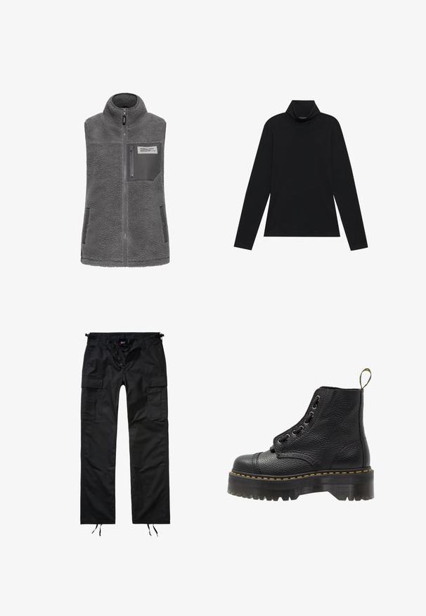 Grå æ sleeveless fleece vest med høj krave, fuld frontlynlås, lynlås brystlomme og to sidelommer med trykknapper.; Sort turtleneck med lange ærmer. Blødt stof, tætsiddende design, høj krave og sidesøm. Simpel og alsidig stil, der er velegnet til lag-på-lag.; Sorte cargo bukser lavet af slidstærkt stof, med flere lommer, en knappet lynlås og justerbare ankelbånd.; Sorte læder ankelstøvler med tekstureret overflade, rund tå, snørebåndsdesign, gule stikninger og en tyk, rillet sort platformsål.