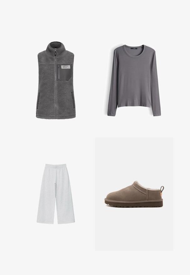 Grijze mouwloze fleece vest met hoge kraag, volledige rits aan de voorkant, ritszak op de borst en twee zijzakken met drukknoop.; Grijs shirt met lange mouwen, voorzien van een ronde halslijn en een gestructureerde stof. Het ontwerp is eenvoudig met een ontspannen pasvorm en zonder zichtbare versieringen.; Lichtgrijze wijde broek van zacht materiaal met een elastische tailleband. Het ontwerp heeft een losse pasvorm voor comfort en bewegingsvrijheid.; Low-cut taupe suède pantoffel met witte fleece voering, donkere rubberen zool en een trekhaak bij de hiel, zijaanzicht op witte achtergrond.