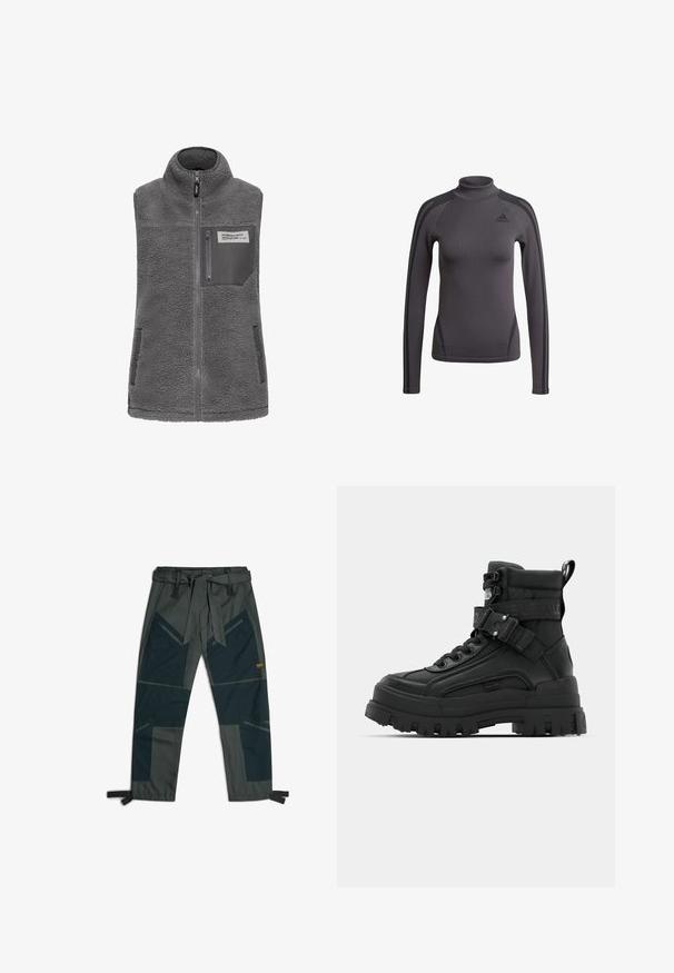 Grijze mouwloze fleece vest met hoge kraag, volledige rits aan de voorkant, ritszak op de borst en twee zijzakken met drukknoop.; Grijs topje met lange mouwen en een hoge kraag, gemaakt van gestructureerde stof en voorzien van zwarte accenten op de schouders, met een Adidas-logo op de borst.; Broek met een riem, voorzien van een mix van donkergroene en grijze stoffen, hoekig patchworkontwerp, meerdere zakken en verstelbare enkelbandjes.; Zwarte enkellaarsjes met een gestructureerde bovenkant, dikke zool, vetersluiting aan de voorkant en een verstelbare band met logo-details. Rubberen buitenzool met uitgesproken profiel.