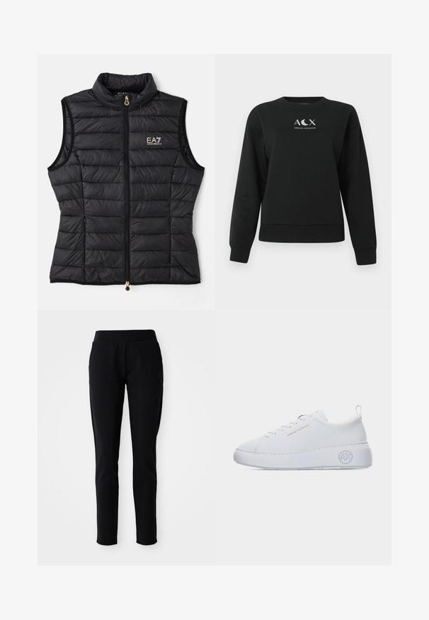 Mustast ilma äärekandiga puffer vest, millel on tikand, kõrge krae, eesmine tõmblukk, kuldne riistvara ja EA7 logo vasakul rinnal.; Musta pikkade varrukatega crewneck-svetar, millel on Armani Exchange logo, kus on kujutatud "A C X" ja poolkuu sümbol rinnas.; Mustad spordipüksid, millel on sobiv siluett, elastne vöökoht ja küljetaskud, millel on vasakul jalal diskreetne logo detail.; Valged madala säärega tossud, millel on paks tald, kuldne "Armani Exchange" tekst küljes ja kandade piirkonnas reljeefne "AX" logo.