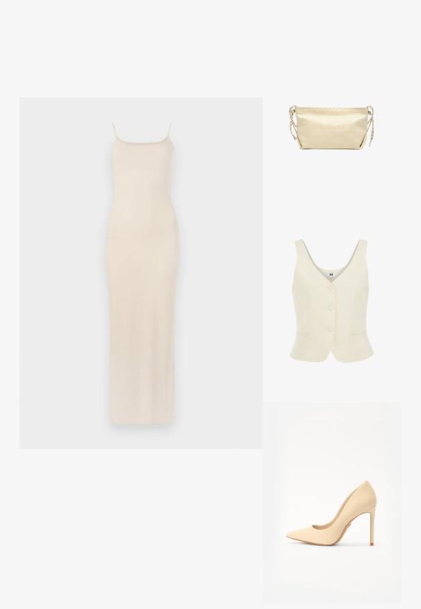 Chaleco sin mangas de color crema con escote en V, cinco botones en la parte delantera y dos bolsillos insertados en las caderas. Acabado de tejido texturizado.; Vestido maxi de satén beige con finas tirantes tipo spaghetti, corsé ajustado y una silueta recta que cae hasta el tobillo. Textura suave, diseño minimalista.; Zapato de tacón alto beige hecho de cuero suave, con puntera puntiaguda y tacón de aguja. Diseño simple con una silueta elegante.; Bolsa rectangular beige con cordones de cierre en ambos lados, superficie lisa y sutil logo de la marca grabado en relieve en el frente.