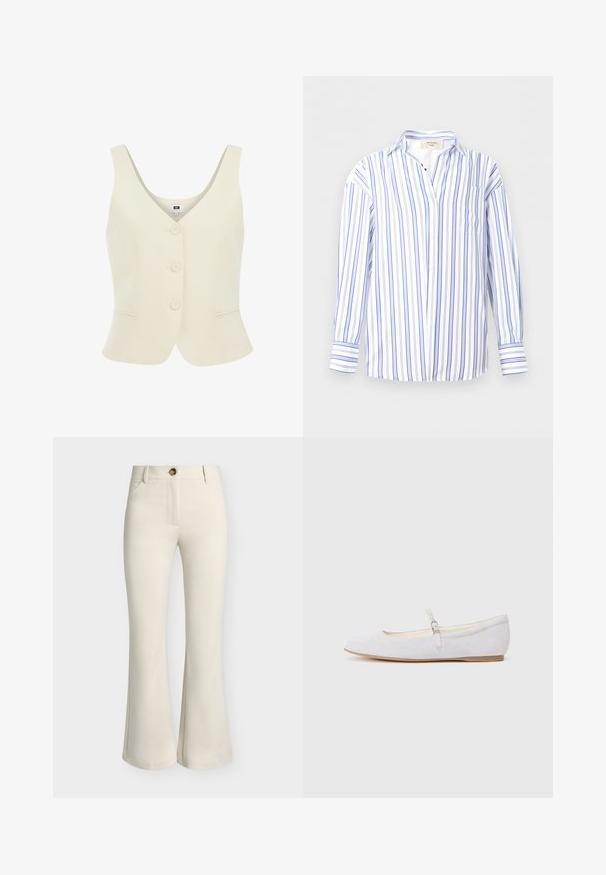 Chaleco sin mangas de color crema con escote en V, cinco botones en la parte delantera y dos bolsillos insertados en las caderas. Acabado de tejido texturizado.; Camisa blanca abotonada con rayas verticales azules, mangas largas, bolsillo en el pecho y cuello clásico sobre un fondo claro.; Pantalones beige de cintura alta con bolsillos delanteros, cierre de botones y piernas ligeramente acampanadas sobre un fondo liso.; Bailarinas de ante en gris claro con punta afilada, correa ajustable y suela plana. Textura suave con un detallado mínimo.