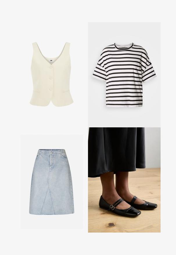 Chaleco sin mangas de color crema con escote en V, cinco botones en la parte delantera y dos bolsillos insertados en las caderas. Acabado de tejido texturizado.; Camiseta de rayas blancas y negras, de mangas cortas, con cuello redondo, que presenta un pequeño bolsillo en el lado izquierdo, hecha de suave tela de algodón.; Falda de mezclilla azul claro con cintura ajustada, forma en A y detalles de panel diagonal. Cuenta con un cierre frontal de botón y cremallera.; Bailarinas de charol negro con punta cuadrada, que cuentan con dos tiras con hebillas. Las suelas son planas sobre un suelo de madera clara.