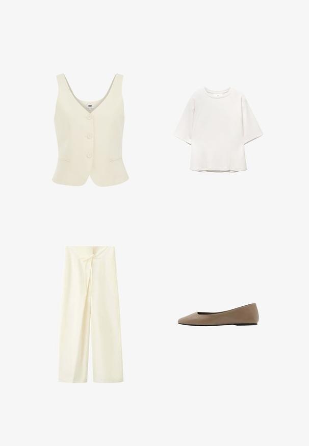 Crème kleurige mouwloze vest met een V-hals, vijf knopen aan de voorkant en twee insteekzakken op de heupen. Gelaagde stofafwerking.; Witte korte mouw crew neck shirt met raglanmouwen en subtiele naadtoeslagen op de voorkant en schouders, plat gelegd op een witte achtergrond.; Wijde broek in crèmekleur met een hoge taille en vooraan een strikdetail in de tailleband.; Beige leren platte schoen met puntige neus en zwarte zool, ontworpen voor casual of kantoor gebruik.