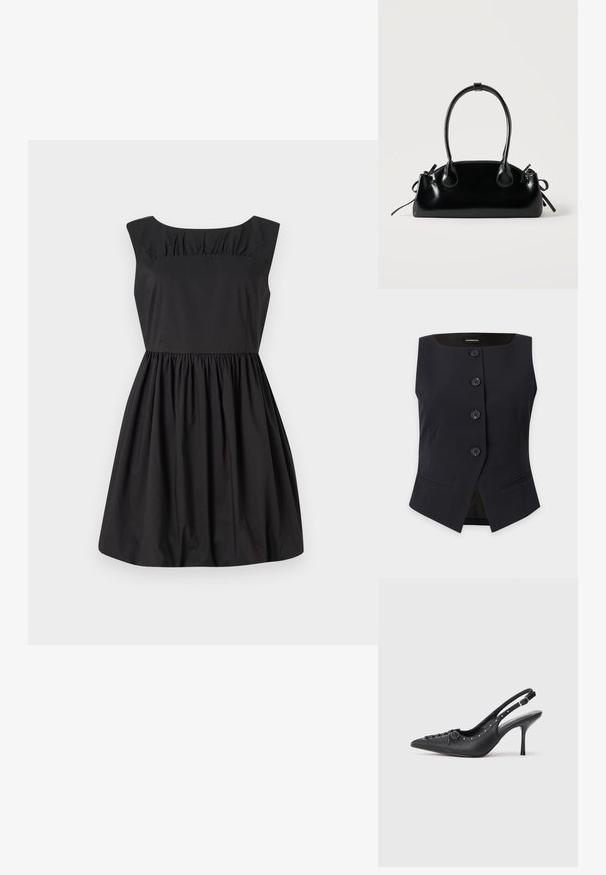 Gilet noir sans manches ajusté avec quatre boutons à l'avant et deux petites poches fendues de chaque côté sur un fond clair.; Robe noire sans manches avec un col rond, des détails froncés au niveau du buste et une jupe évasée. Fabriquée dans un tissu lisse.; Escarpin en cuir noir à talon aiguille avec un bout pointu, une bride latérale à boucle, des clous le long du bord et un laçage décoratif à l'avant.; Petit sac à main noir brillant avec deux longues anses et des détails à cordon sur les côtés sur un fond clair uni.