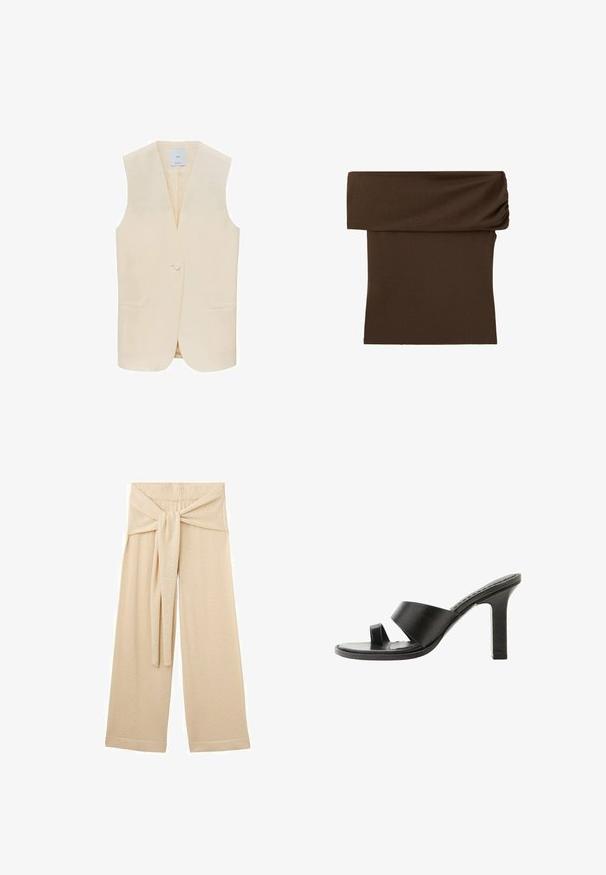 Gilet sans manches beige avec une fermeture à un bouton, des revers crantés et deux poches avant. Tissu lisse et silhouette ajustée.; Jupe tube en maille marron foncé avec une large ceinture pliée et une texture lisse.; Pantalon beige à jambes larges avec une taille haute élastique et une longue ceinture en tissu nouée à l'avant.; Sandale noire à talon haut avec une large bride sur le pied et une boucle pour l’orteil, vue de côté sur fond blanc.