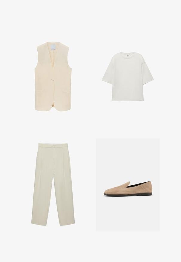 Beige ærmeløs vest med en enkelt knaplukning, notched lapels og to forlommer. Glat stof og skræddersyet silhuet.; Oversized, ensfarvet hvid T-shirt med korte ærmer, rund halsudskæring og nedsænkede skuldersømme, vist på en hvid baggrund.; Beige højtaljede skræddersyede bukser med sidelommer, bæltestropper og lynlås foran, i en rette bukseben pasform.; Beige ruskind slip-on loafer med sort sål, lav hæl og rund tå, vist fra siden på hvid baggrund.