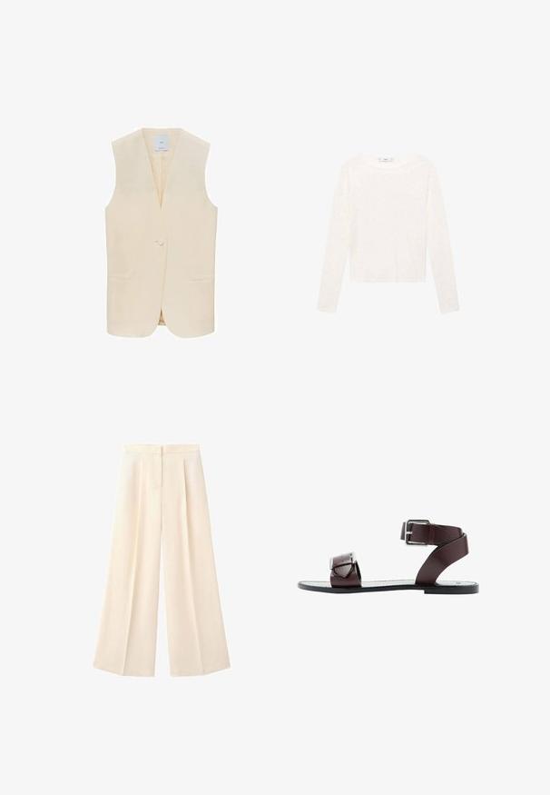 Gilet sans manches beige avec une fermeture à un bouton, des revers crantés et deux poches avant. Tissu lisse et silhouette ajustée.; Haut à manches longues blanc en tissu doux. Présente un col rond et un design court. Texture lisse sans motifs ni accents visibles.; Pantalon crème taille haute à jambes larges avec plis devant et fermeture dissimulée par boutons et zip.; Sandale plate en cuir marron avec deux boucles argentées réglables, une au-dessus des orteils et une autour de la cheville, sur une semelle noire avec une couture blanche.