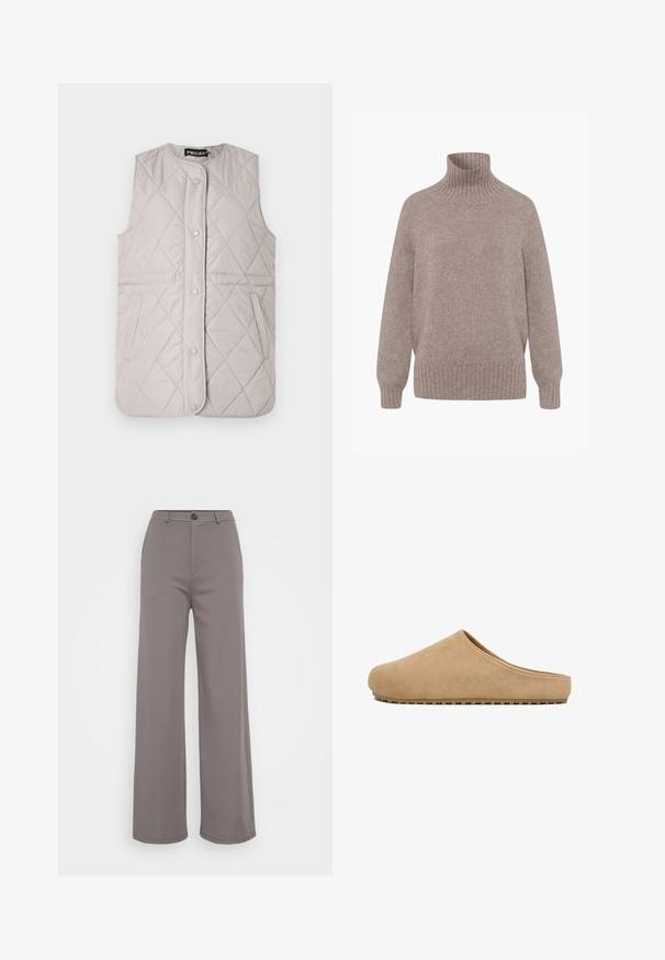 Lys grå quiltet vest med rund halsudskæring, trykknapper og sidelommer; har diamantformet syninger over det hele.; Beige strik med høj hals og lange ærmer, ribstrikkede ærmegab, kant og krave, vist på hvid baggrund.; Bredde bukser i et blødt gråt stof. Har en knaplukning og rene sømme. Glat tekstur uden synlige mønstre eller udsmykninger.; Beige slip-on ruskindsfuttøj med lukket rundet tå og tekstureret sål, designet til komfort indendørs og nem brug.