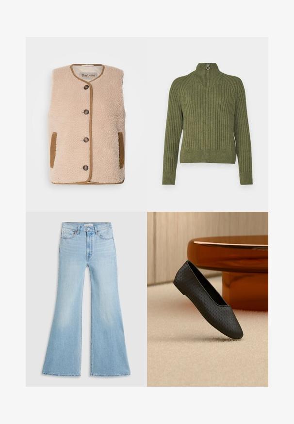 Cremfarbener Fleece-Weste mit rundem Halsausschnitt, vorderem Knopfverschluss und braunen Akzenten an Taschen und Besätzen. Weicher Stoff und klassisches Design.; Grüner gerippter Strickpullover mit hohem Kragen und kurzem Reißverschluss, der eine taillierte Silhouette und lange Ärmel aufweist. Strukturierter Stoff.; Helle blaue Schlagjeans mit hoher Taille, aus Denim gefertigt. Sie verfügen über ein klassisches Fünf-Taschen-Design und einen rohen Saum an den Säumen.; Schwarzer, strukturierter Slip-on Ballerina, schwebend über beigem Teppich nahe einem runden Tischfuß in bernsteinfarbener Optik.