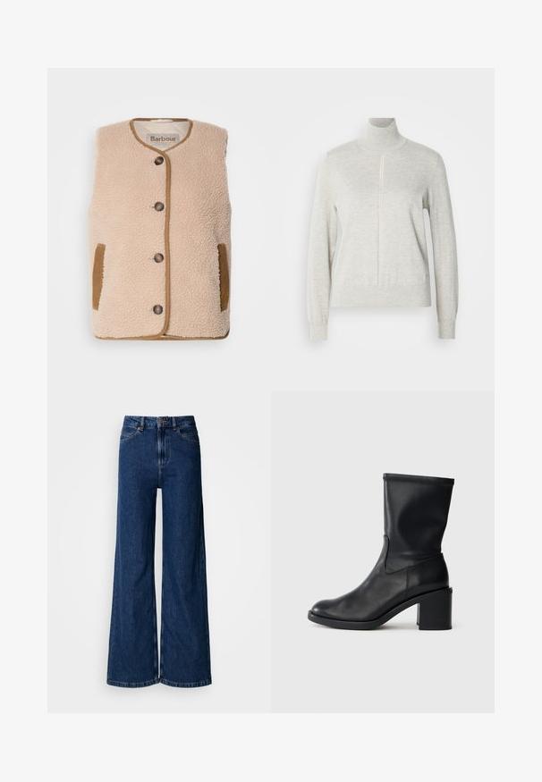 Kreem värvi fliistekatega vest, millel on ümmargune krae, ees nuppude sulgemine ning pruunid aktsendid taskutel ja äärel. Pehme tekstuur ja klassikaline disain.; Helehall särg kõrge krae ja neljandikku tõmblukkuga. Valmistatud pehmest, tekstuurses materjalist, millel on pikad varrukad ja kitsas ääre.; Laiade säärega tumedat värvi teksad, mis on valmistatud denimist, kõrgema värvliga, klassikalise viie tasku disainiga ja peente õmblustega mööda õmblusi.; Must musta säärik, millel on ümar tera, sile tekstuur ja jäme konts, omades sobivat varrast ning peent õmblusdetaili.